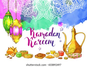 Traditional eastern halal food. Vector watercolor background. Islamic bakery and sweets. Ink hand drawn inscription Ramadan Kareem. Brush lettering. Calligraphy. Arabic lanterns.