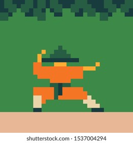 Traditional eastern hero ninja vector cartoon character in action pose, China fighter pixel art vector illustration, design for logo, sticker, mobile app. Game assets 8-bit sprite.