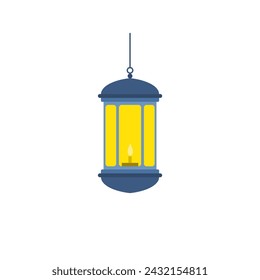 Ilustración vectorial de diseño plano de linterna oriental tradicional. Coloridas lámparas colgantes árabes musulmanas, medias lunas y estrellas.