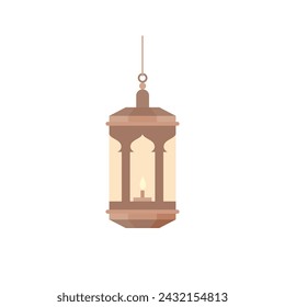 Traditional eastern lantern flat design vector illustration. Arabic muslim colorful hanging lamps, crescents and stars.