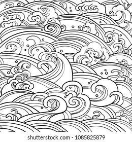 Traditional eastern seamless pattern with waves of water, foam, splashes. Vector sea backdrop