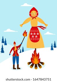 Traditional effigy burning on feast of Maslenitsa or Shrovetide scene, flat vector illustration. Background for Russian spring pancake week celebrations.