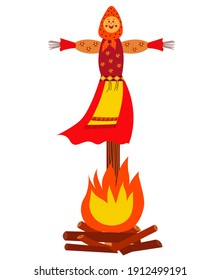 Traditional effigy burnt on the feast of Maslenitsa or Shrovetide. Maslenitsa doll isolated on white background for Slavic traditional Russian winter festival. Vector cartoon illustration