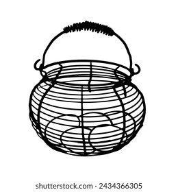 Traditional egg basket.  farming outline hand drawn illustration for poster, flyer, farm products package, book design. poultry farming, egg production symbol. container, basket, box