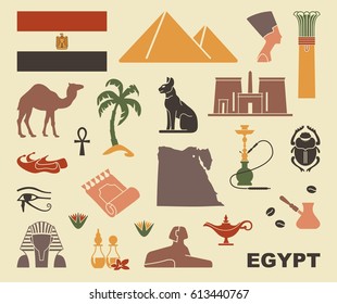 Traditional Egyptian stylized icons. Flat vector silhouettes