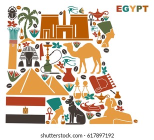 Traditional Egyptian stylized iconsin the form of a map of Egypt