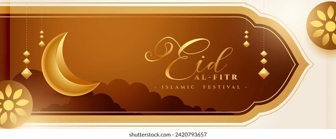 traditional eid al fitr wishes banner with 3d golden crescent vector