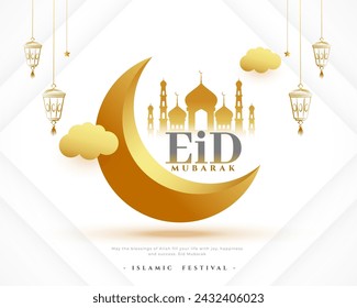 traditional eid mubarak greeting background with 3d half moon vector (Translation of Eid Mubarak is Blessed Eid Festival)