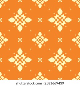 Traditional Elaborate Motif Florals with Orange Background Detailed Neatly Arranged Luxury Handicraft Seamless Pattern Vector Beautiful Classy Flowers on Orange Background Design for Fabric Embroidery