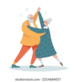 Traditionelles älteres Ehepaar tanzt zusammen zur Musik. Lächelnder Senior Mann und Frau Tanz, aktive alte Großvater und Großmutter Tänzer auf dem Laufenden. Cartoon-Wohnung Vektor handgezeichnet Illustration.