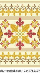 Traditional Elegance Timeless Deluxe Medieval Victorian Baroque Art Deco. Whimsical Warm and Light Autumn Red Yellow Gold Hue Tones Seamless Border Pattern. Handicraft Regency Florals Embroidery Scarf