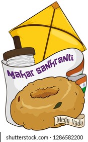 Traditional elements to celebrate Makar Sankranti: India flag, kite -or patang- with reel -or manja- and delicious medu vada (a type of donut served in the breakfast).