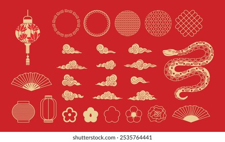 Elementos tradicionais para decoração em estilo chinês. Ornamento. Lanternas chinesas, armações, ano da cobra. Design moderno na moda. Arte em linha. Japonês.  Ano Novo Chinês. Conceito geométrico oriental.