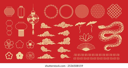 Elementos tradicionales. Decoración estilo chino. Ornamento. Marcos chinos, año de la serpiente. Arte de línea moderno de moda. japonés. Año Nuevo chino. Silueta geométrica oriental. borde de Religión. 2025