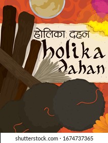 Traditional elements for Holika Dahan (written in Sanskrit calligraphy) ceremony: colorful powders, firewood, cow dungs, wheat grass, combustible in a pot, marigold flowers and scroll ready for burnin