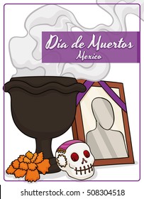 Traditional elements for Mexican "Dia de Muertos" (Spanish for "Day of the Dead") altars': copal's incense in a dark censer, little sugar skull, marigold flower and a picture of the deceased.