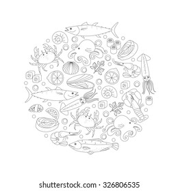 Traditional elements of sea food in a circle shape.Each element is isolated. Emblem or sign for your design.