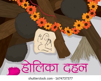 Traditional elements to start the ritual of Holika Dahan (written in Sanskrit calligraphy): firewood, tied dry grass, cow dungs, marigold flowers wreath, Holika and Prahlad draw in paper and colorful 