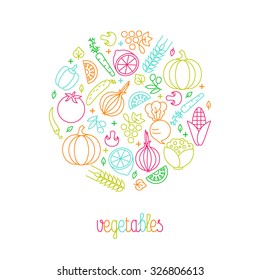Traditional elements of vegetables grown on the farm in a circle shape. Each element is isolated. Emblem or sign for your design.