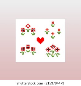 Traditional emboidery design with red abstract poppies bouquets and heart. Folk pattern isolated on white background
