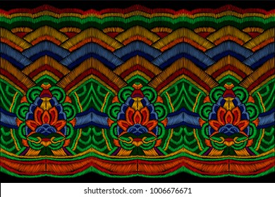 Traditional embroidery clothes decoration. National Korean fashion seamless border colorful ethnic asian oriental background ornament patch vector illustration