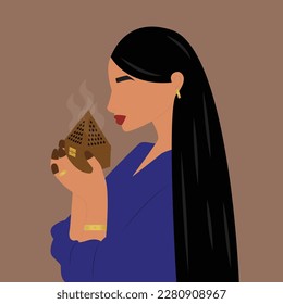 Traditional Emirati woman with henna with Cartier jewelry and holding the hand of the Arabian Oud