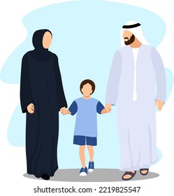 Traditionelle junge Emirati-Familie genießen das Wochenende draußen mit Kind. Mann mit traditionellem Dischdash oder Kandura , die Frau mit schwarzem Abaya und Regal, Kleid aus Uae oder Saudi-Arabien