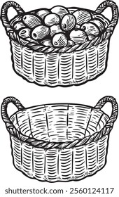 Traditional empty and full woven basket vector illustration.