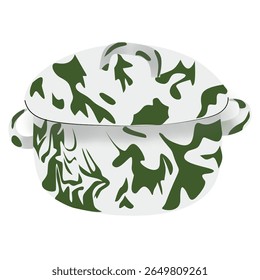 Pote de esmalte tradicional com alças duplas e padrão de redemoinho verde, perfeito para cozinha vintage ou design de conceito de cozinha tradicional.