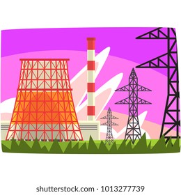 Traditional energy generation power station, electricity generation plant horizontal vector illustration