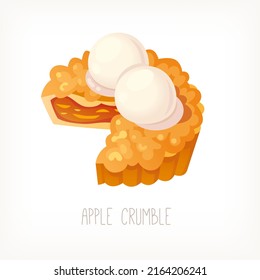 Traditional english apple crumble pie served with balls of ice cream. Isolated vector illustration.