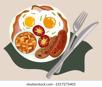 Desayuno tradicional inglés con huevo frito en tostada, tocino, tomates a la parrilla, salchichas, judías al horno servidas en un plato. Ilustración vectorial.