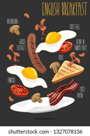 Traditional English Breakfast Plate With Sausage, Egg, Toasted Bread, Fried Bacon, Tomato, Beans And Mushroom. Vector Illustration