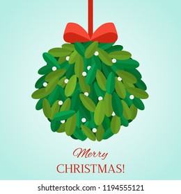 Traditional english christmas ball made from mistletoe. Holiday "kiss me under the mistletoe." flat vector illustration