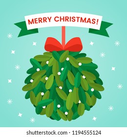 Traditional english christmas ball made from mistletoe. Holiday "kiss me under the mistletoe." flat vector illustration