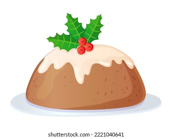 Traditional English Christmas Pudding With Icing And Holly. Vector Illustration Isolated On White