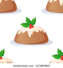 Traditional English Christmas Pudding Seamless Pattern With Icing And Holly