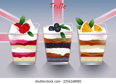 Traditional English dessert trifle . Sweet cake, chocolate, fruit and cream in a glass