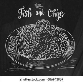 traditional english dish fish and chips. Restaurant menu on the chalkboard background