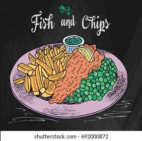 traditional english dish fish and chips. Restaurant menu on the chalkboard background