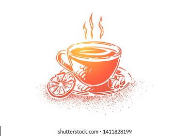 Traditional english drink closeup, tasty brew with lemon slice and ice cubes, natural, fresh organic brew. Delicious tea cup, hot beverage concept sketch. Hand drawn vector illustration