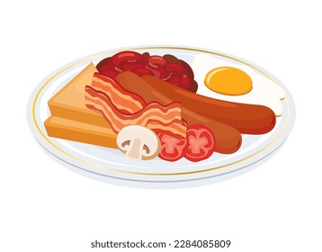 Traditional English full breakfast vector illustration. Sausage, bacon, fried egg, mushroom, baked beans, toast bread and tomatoes icon vector isolated on a white background