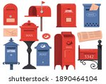 Traditional English letterboxes set. Red and blue vintage mailboxes, old postboxes with letters isolated on white background. Vector illustrations collection for London, mail, post concept