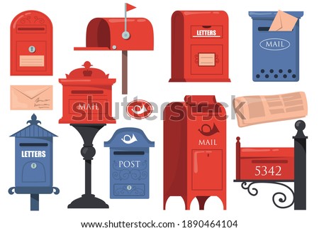 Traditional English letterboxes set. Red and blue vintage mailboxes, old postboxes with letters isolated on white background. Vector illustrations collection for London, mail, post concept