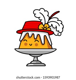Traditional english pudding in an victorian hat. Cute smiling cartoon character. Vector illustration.