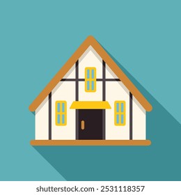 Traditional english tudor style house casting a long shadow over a blue background