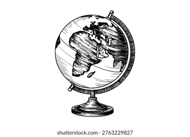 Traditional engraving of geographical earth model. Scientific instrument for education and global cartography.