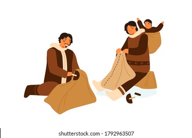 Traditional Eskimo family during animal skin treatment after hunting vector flat illustration. Man and woman sewing national clothes together isolated on white. Manual creating of warm clothing