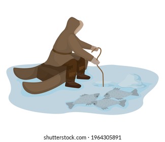 Traditional Eskimo fishing isolated on white background. fisherman sitting near ice hole and fish. Flat cartoon vector illustration.