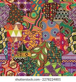 Traditional ethnic African fabric patchwork wallpaper vintage abstract vector seamless pattern